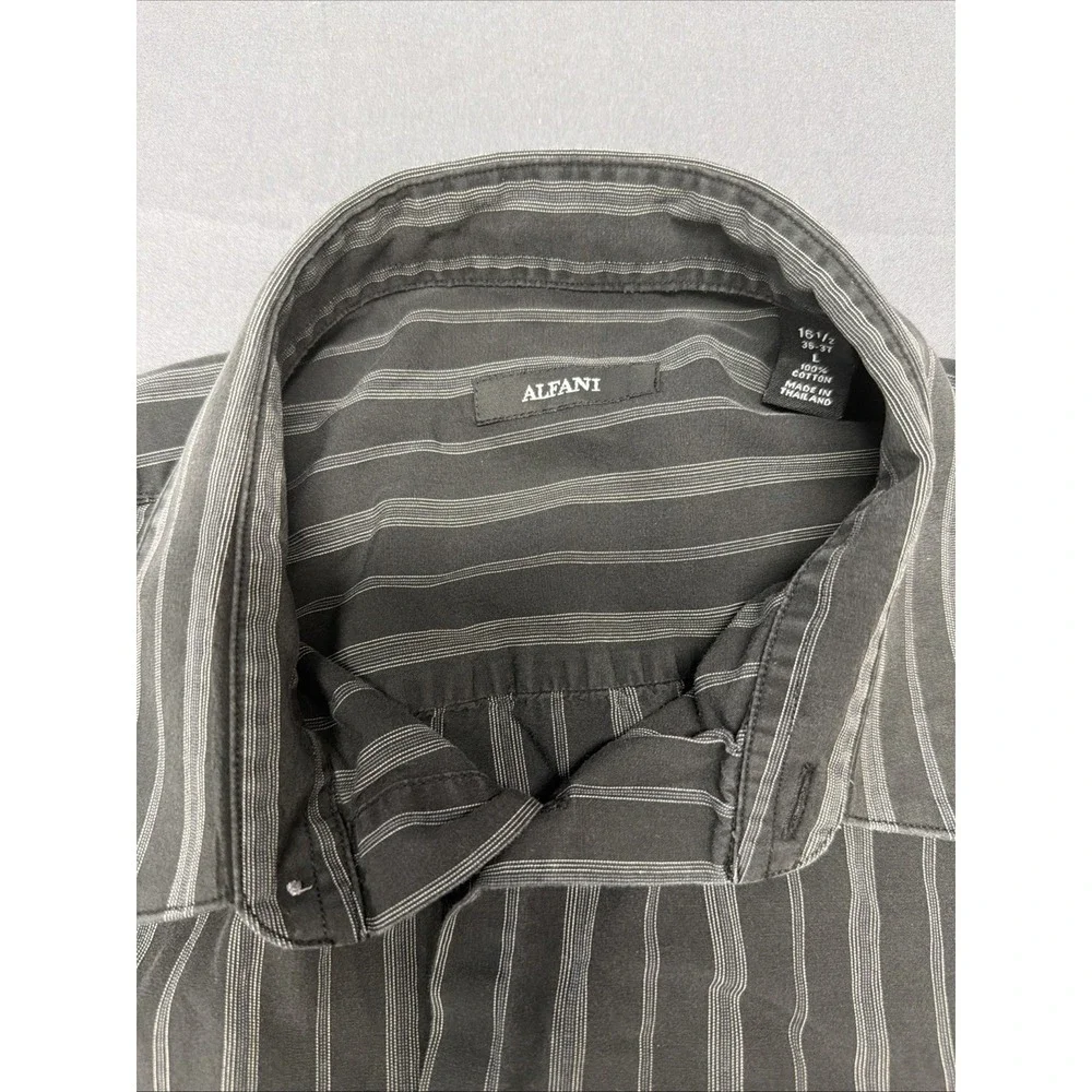 Alfani brand shirt features a grey and white striped pattern and long sleeves L